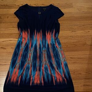 Tahari Navy and Coral Patterned Midi Dress